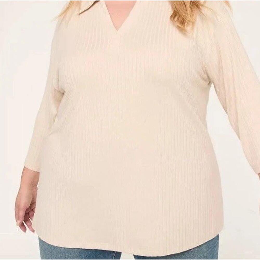 Lane Bryant 3/4-Sleeve Ribbed Knit Polo Top Plus Size 18/20 Color Beige NWT